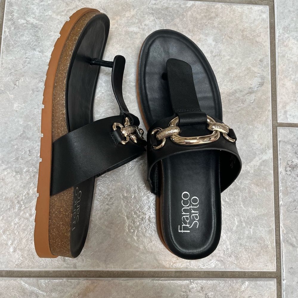 Franco Sarto Black Sandals with Gold Chain Detail